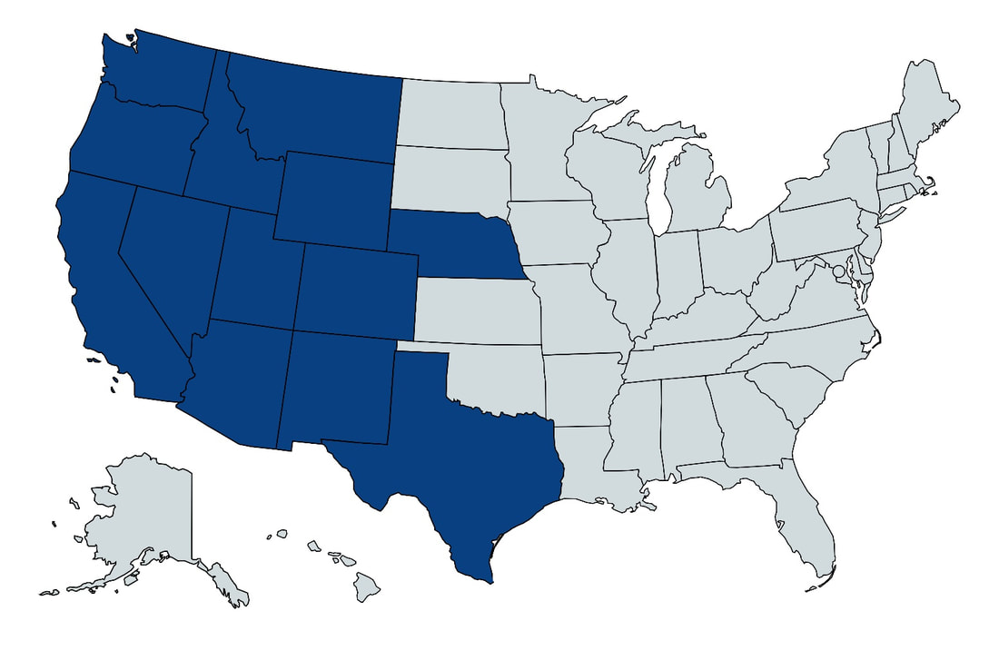 Map of United States with states B&B trucking services highlighted in blue